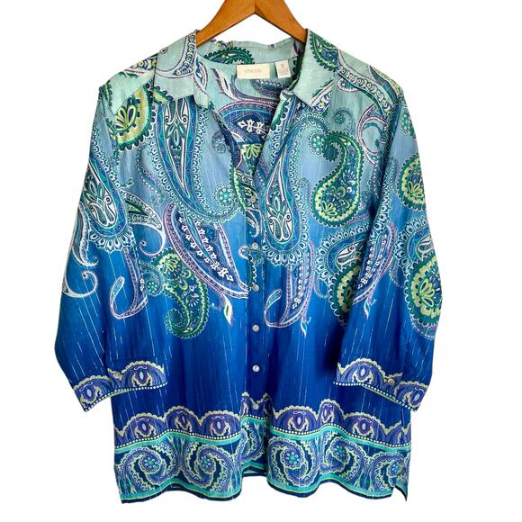 Chico's Blue Green Silver Metallic Paisley Button Up Shirt Sz 16 Casual Career - Picture 1 of 8